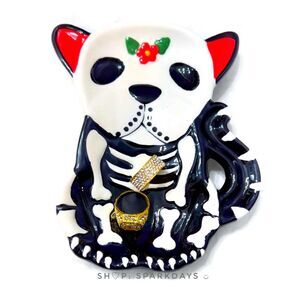 Bulldog Skeleton Puppy Dog Sugar Skull Smoke Ashtray Jewelry Dish Ceramic Plate
